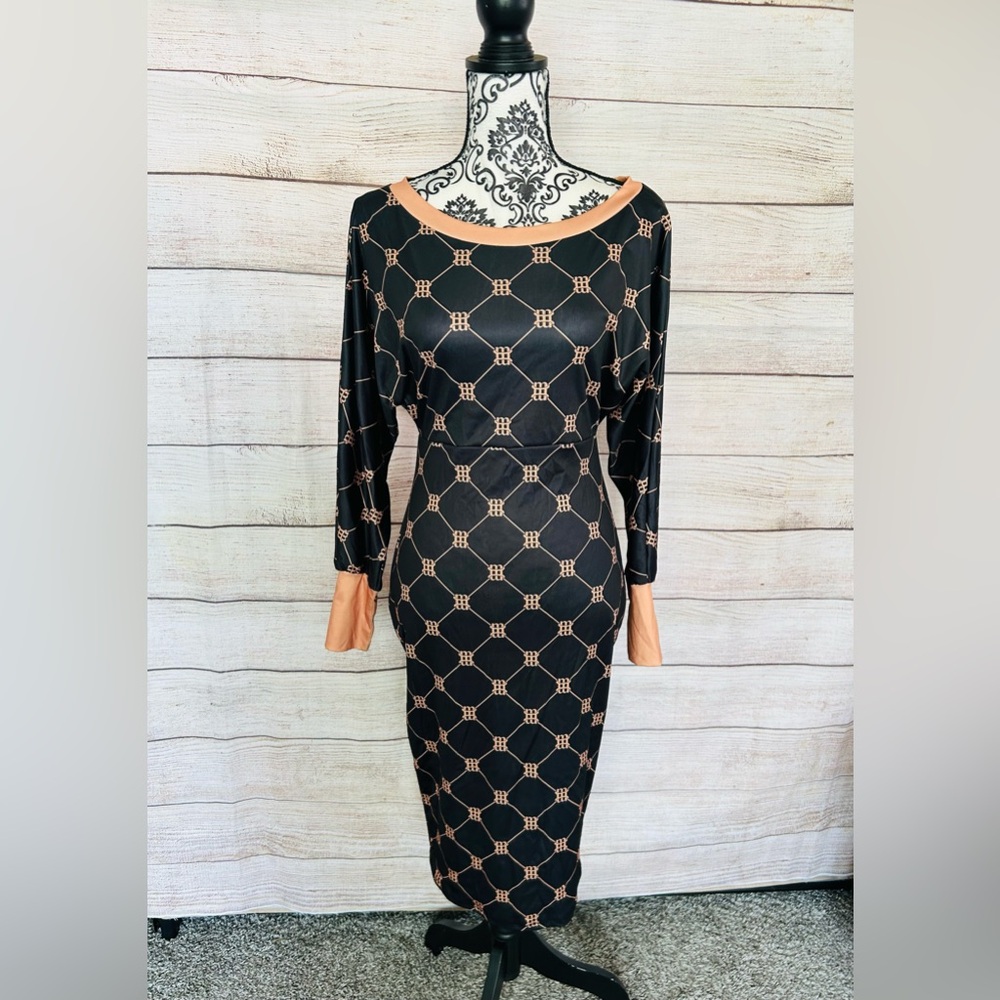 Chic Me Women’s Black Tan Dolman Sleeve Boatneck Midi Knit Dress Size S NWOT